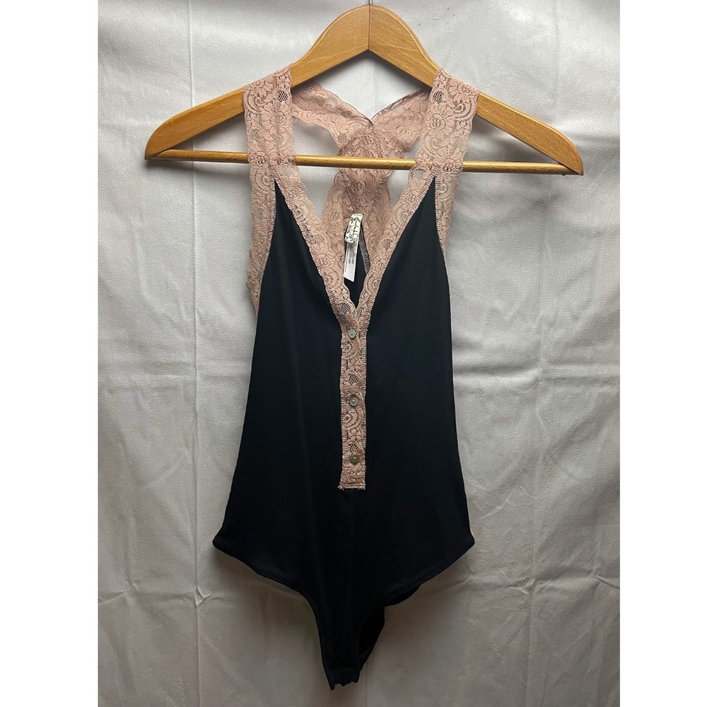 Free People Lace Detail Bodysuit XS Black Tan